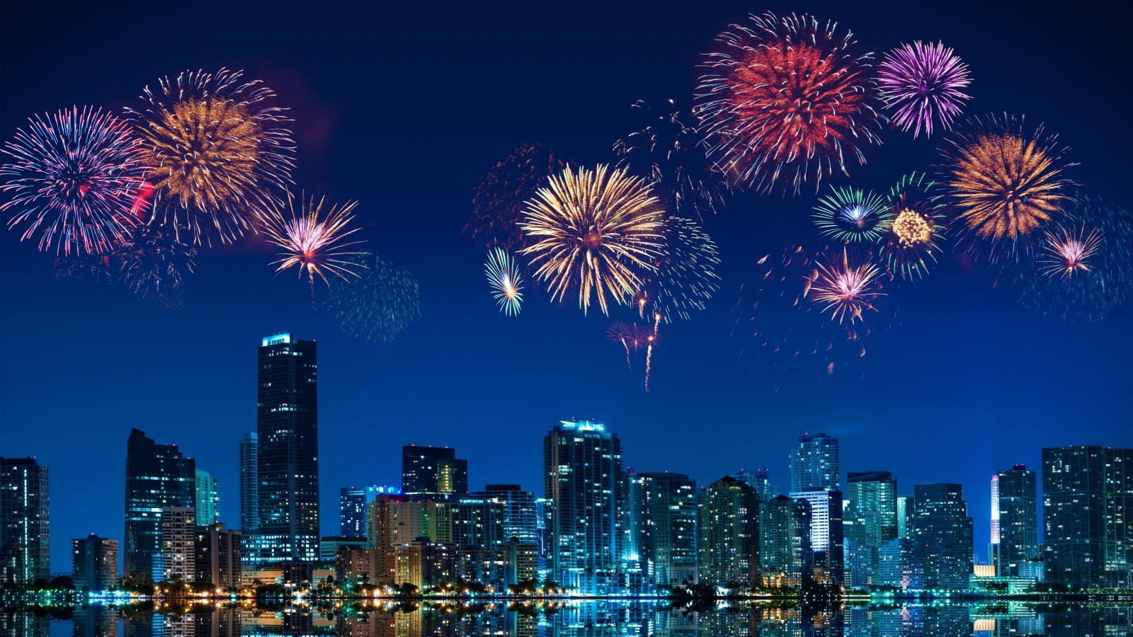 Big fireworks over the skyline of downtown Miami